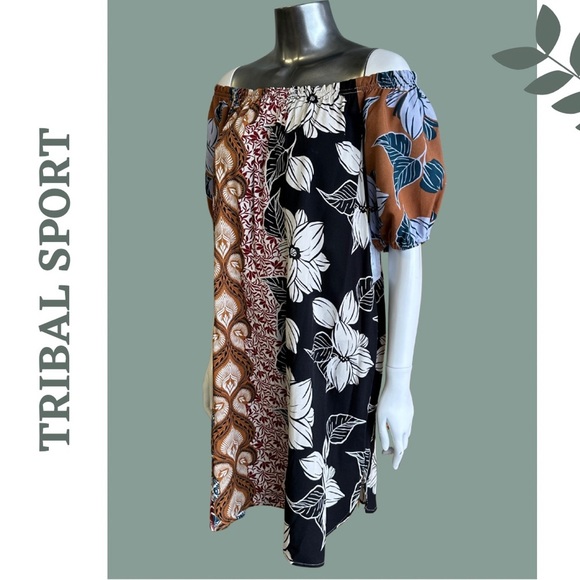 Tribal Dress Bubble Sleeves Flowy Fit Tropic Print Cover-Up Pop Over Crew
Neck - Picture 4 of 9